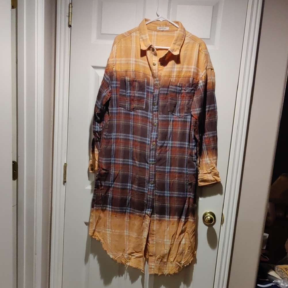 Plaid Long Shirt Dress in Orange and Brown with button closure by Oli & Hali